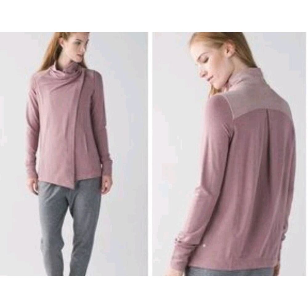 Lululemon‎ Women's 4 Wrap Ribbed Open Front Coast Cardigan Rose Pink Button Neck
